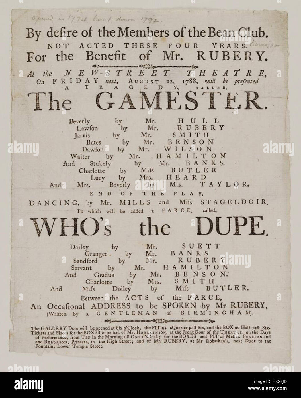 Une facture des bibliothèques Bodleian datée du 22 août 1788 annonçant la représentation de *The Gamester* au New-Street Theatre. Cet article donne un aperçu de la culture théâtrale du XVIIIe siècle en Angleterre. Banque D'Images