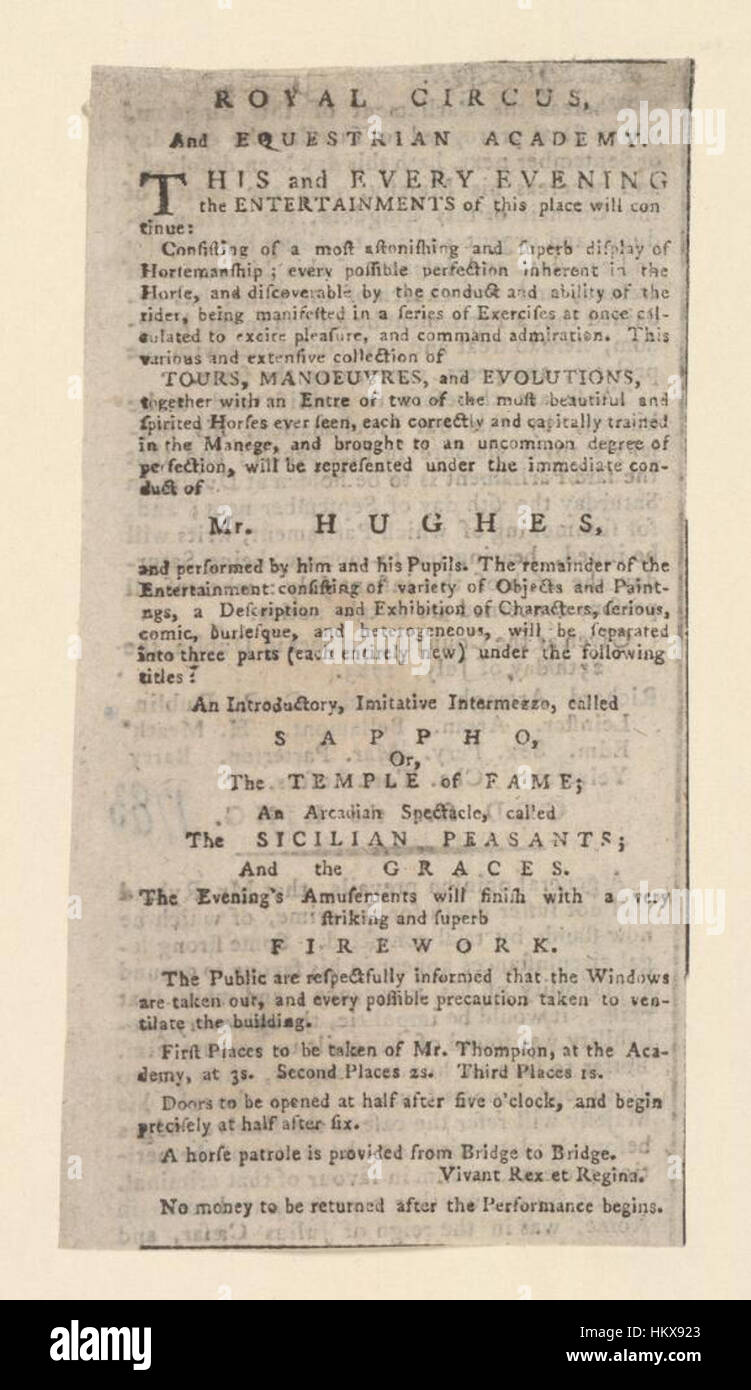 Cette illustration des bibliothèques Bodleian représente le Royal Circus and Equestrian Academy, mettant en valeur le divertissement et l'importance culturelle des spectacles équestres au cours du 18ème ou 19ème siècle. L'image met en évidence les compétences équestres et les performances de cirque qui étaient populaires à cette période. Banque D'Images