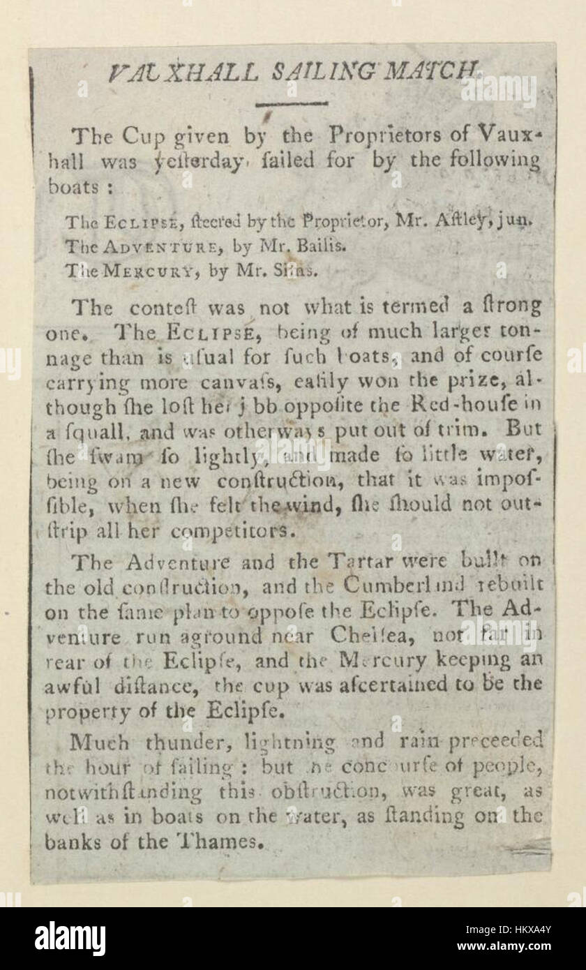 Ce tableau, conservé dans les bibliothèques Bodleian, illustre le match de voile de Vauxhall, un événement populaire en Grande-Bretagne du XVIIIe siècle. Il représente une course de voile compétitive tenue sur la Tamise, mettant en valeur l'élégance et le talent des marins de l'époque. Banque D'Images