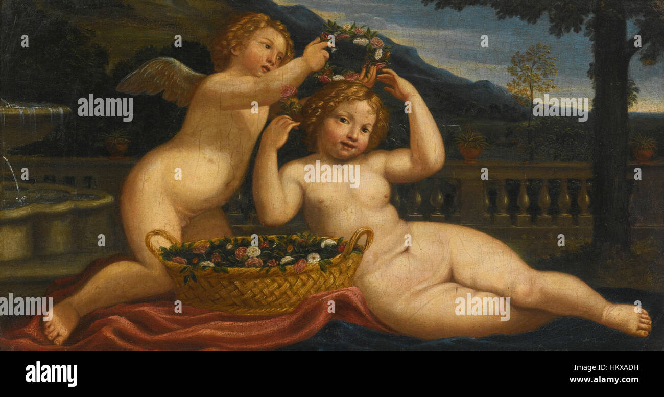 Cette œuvre d'art du XVIIe siècle de l'école bolognaise présente un putto couronnant un autre avec une guirlande de fleurs, dans un paysage serein. Il reflète la richesse émotionnelle du style baroque et l'utilisation de la nature dans les scènes religieuses et mythologiques. Banque D'Images