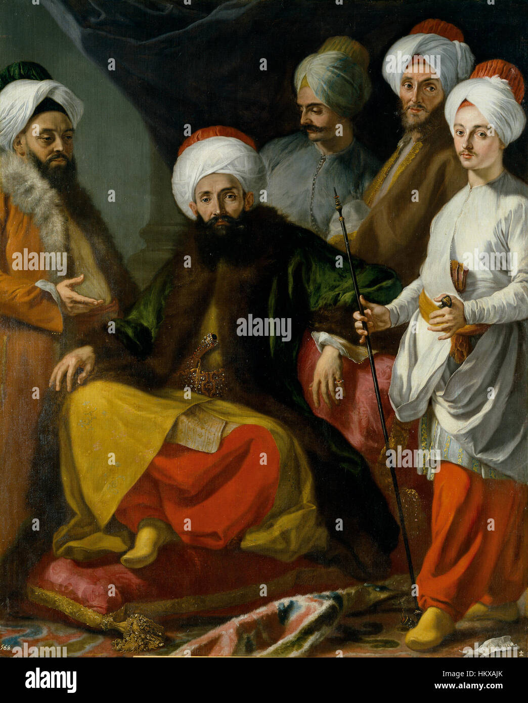 Ce tableau du XVIIIe siècle, 'Bonito-Embajada Turca', représente l'ambassade turque dans un cadre diplomatique formel. L'œuvre capture l'échange culturel et les relations diplomatiques entre la Turquie et l'Europe. Banque D'Images