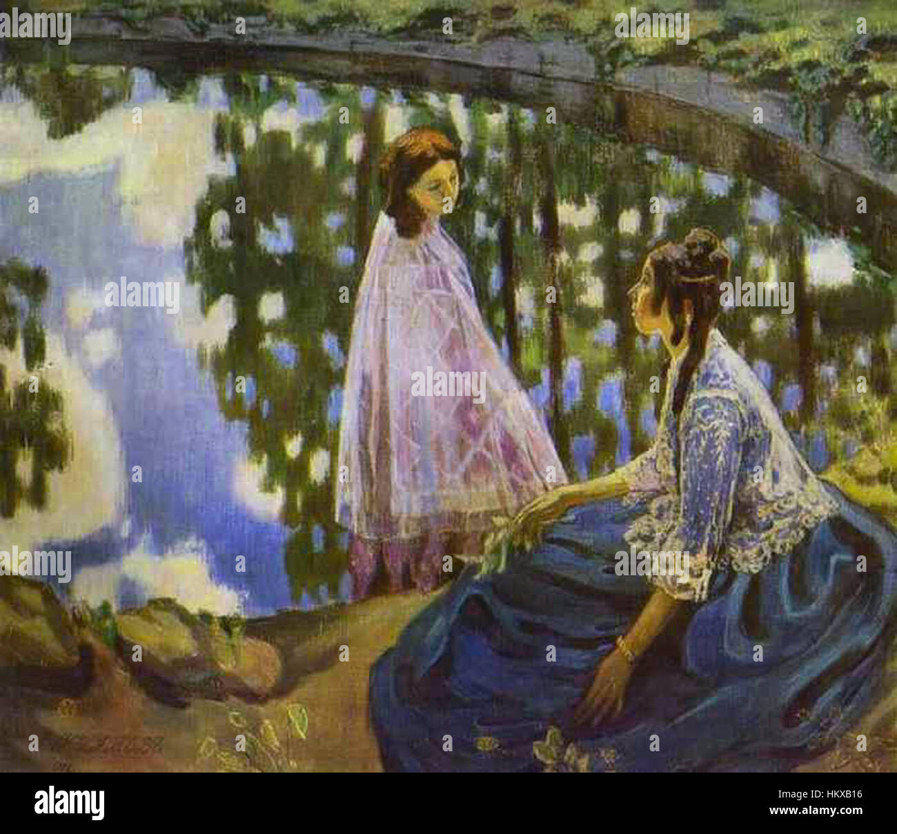 « Pool » de Borisovmusatov est une peinture reflétant l'approche détaillée de l'artiste pour capturer des scènes intimes et naturelles. L’œuvre illustre son exploration de moments calmes et introspectifs, incorporant souvent des paysages luxuriants et des éléments d’eau sereins. Banque D'Images