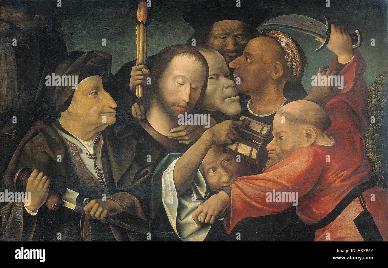 Cette peinture, attribuée à un disciple Bosch, représente la scène biblique de l'arrestation du Christ. L'œuvre présente des détails vifs de l'art religieux du XVIe siècle et des figures impliquées dans le moment dramatique. Banque D'Images