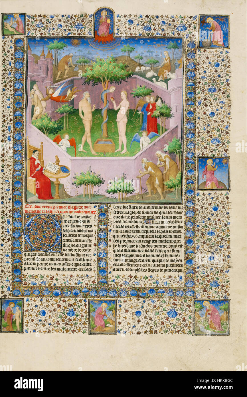 Le Maître de Boucicaut, un artiste médiéval, a créé "L'Histoire d'Adam et Ève", un récit biblique de la création, typique du style gothique français précoce et de l'art des manuscrits illuminés. Banque D'Images