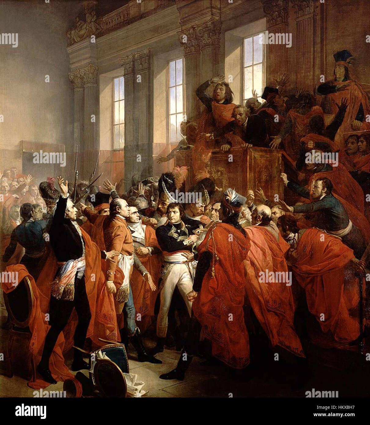 Ce tableau de Bouchot représente le général Bonaparte pendant le concile des cinq cents, moment charnière de la Révolution française. L’œuvre capture l’atmosphère politique intense de 1795, montrant l’ascension de Bonaparte au pouvoir et les événements dramatiques de l’époque. Banque D'Images