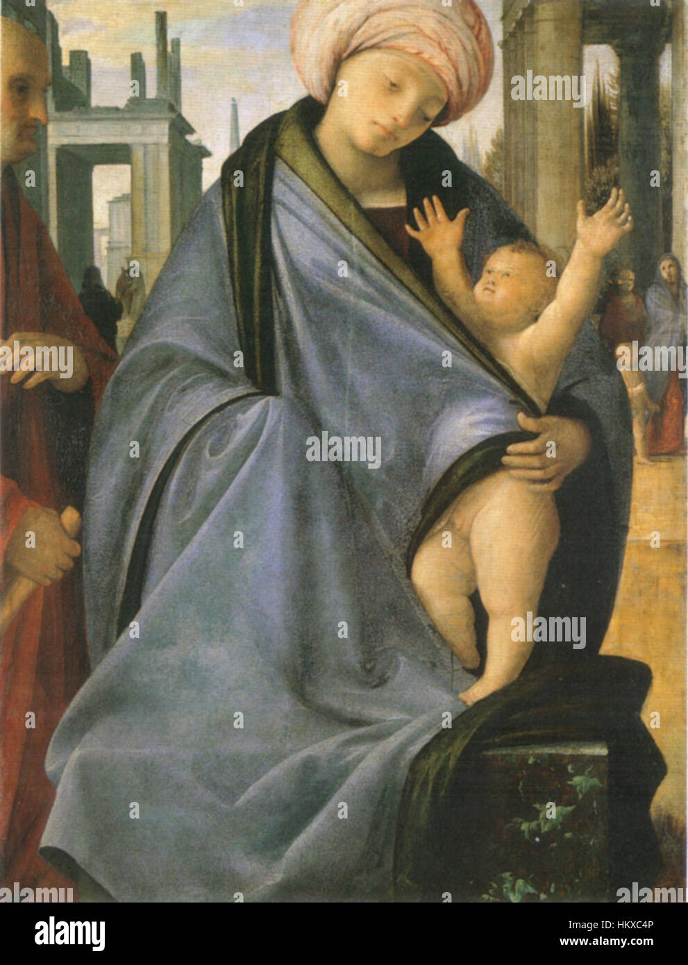 La peinture à l’huile de Bramantino représente la Vierge et une figure dans un cadre religieux, montrant sa maîtrise de la représentation de figures sacrées dans un style classique détaillé. L'œuvre est un bel exemple de Renaissance italienne comprise Banque D'Images