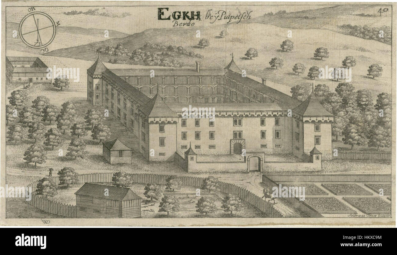 Cette peinture de Johann Weikhard von Valvasor représente le château de Brdo PRI Lukovici en Slovénie, capturant ses caractéristiques architecturales et le paysage environnant. C'est un bel exemple de l'art slovène du XVIIe siècle et un portrait historique de la région. Banque D'Images