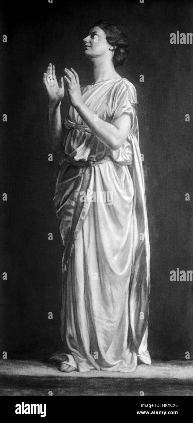 « Adoration (No. 2) » de John la Farge est une œuvre de vitrail représentant le thème religieux de la Nativité. La pièce met en valeur la maîtrise de la Farge dans l'art du verre et son utilisation de couleurs vives pour donner vie à des scènes bibliques avec une lumière rayonnante. Banque D'Images