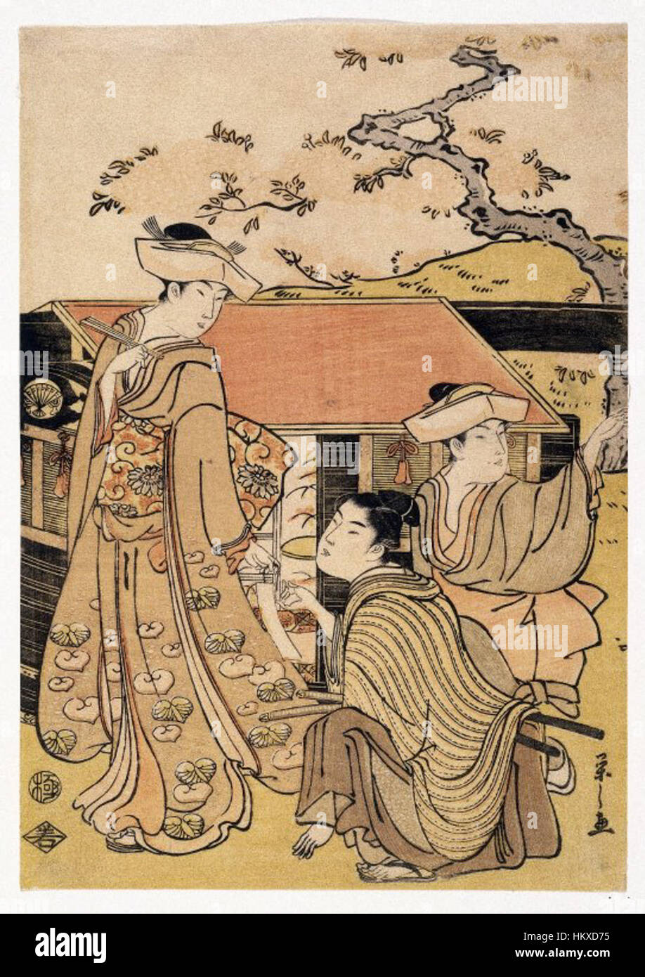*Cherry Blossom Viewing at Gotenyama Hill* par Eishi Chobunsai, installé au Brooklyn Museum, capture la beauté sereine des cerisiers en fleurs au Japon. L'œuvre met en valeur les coutumes japonaises traditionnelles du hanami, mettant en valeur l'importance culturelle des festivals saisonniers. Banque D'Images