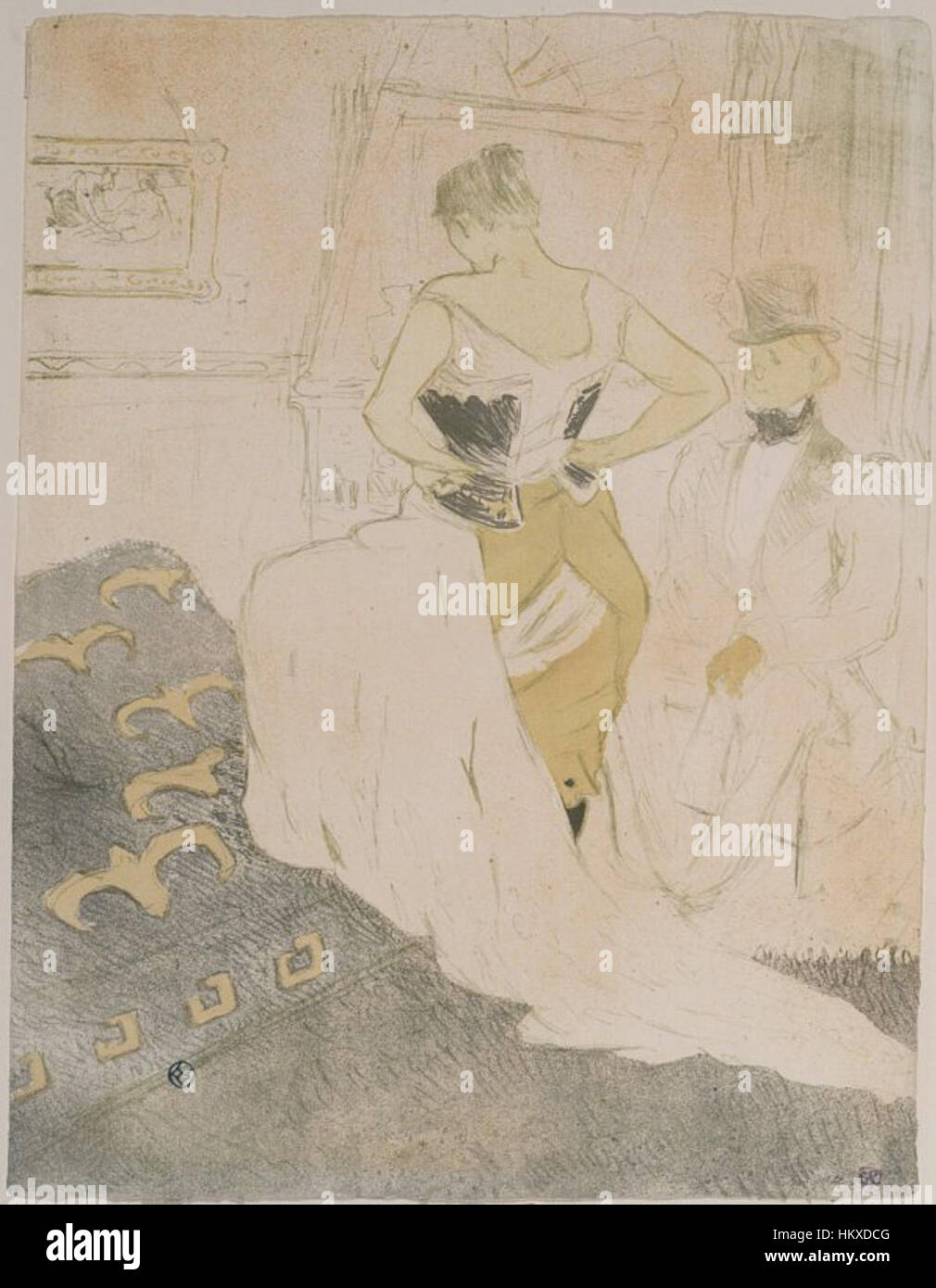 « Femme en corset » de Henri de Toulouse-Lautrec, de la série « elles », explore les thèmes de la mode et de l’identité féminine dans le Paris du XIXe siècle. La peinture reflète les visions sociétales de l’époque et la représentation intime des femmes par l’artiste. Banque D'Images