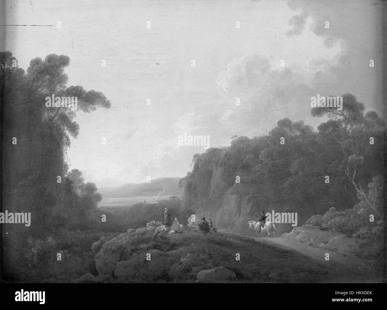 *Gypsy Camp* par *George Morland* dépeint une scène animée et rustique mettant en vedette un groupe de gitans dans un cadre rural. La peinture capture la vie quotidienne et les activités traditionnelles de la communauté gitane, reflétant le vif intérêt de l'artiste pour les sujets rustiques. Banque D'Images