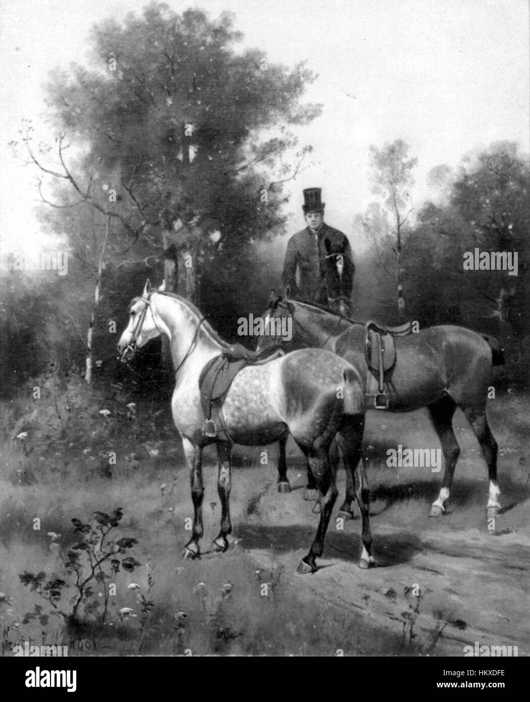 *Chevaux et marié monté* de Nicholas Winfield Scott Leighton est une élégante peinture du XIXe siècle qui représente un marié qui s'occupe d'un cheval. La peinture est connue pour son attention aux détails et sa représentation réaliste des soins aux animaux. Banque D'Images