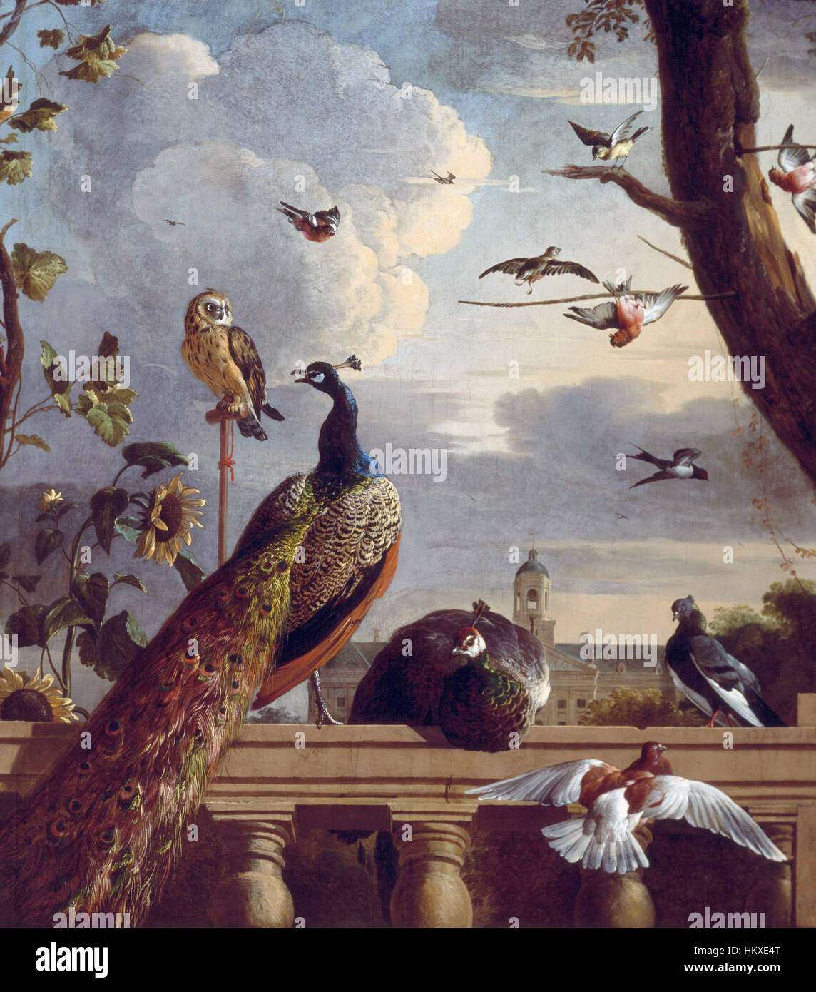 Le tableau de Melchior d'Hondecoeter « oiseaux près d'une balustrade » présente une collection d'oiseaux perchés près d'un élément architectural, illustrant la maîtrise de l'artiste dans la capture de détails complexes d'oiseaux et de paysages naturels avec un réalisme vif. Banque D'Images