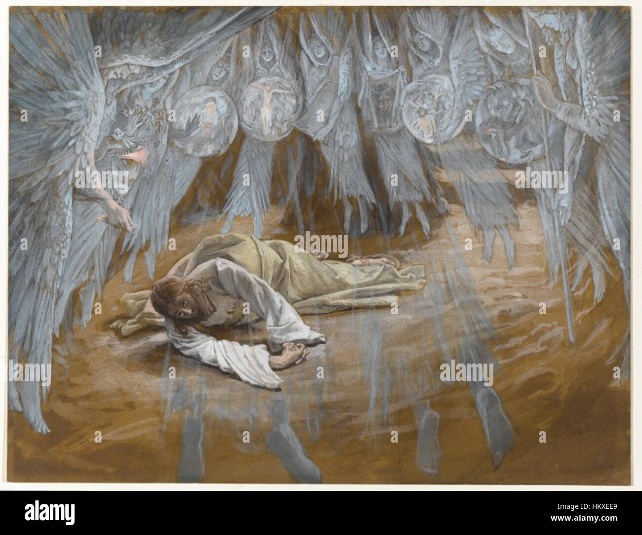 Cette peinture du XIXe siècle de James Tissot, intitulée « la grotte de l'agonie », représente un moment dramatique de la vie du Christ, mettant en valeur sa prière dans le jardin de Gethsémani. L’œuvre capte l’intensité émotionnelle de la scène, reflétant la représentation détaillée et expressive de Tissot des moments religieux dans ses propres Banque D'Images