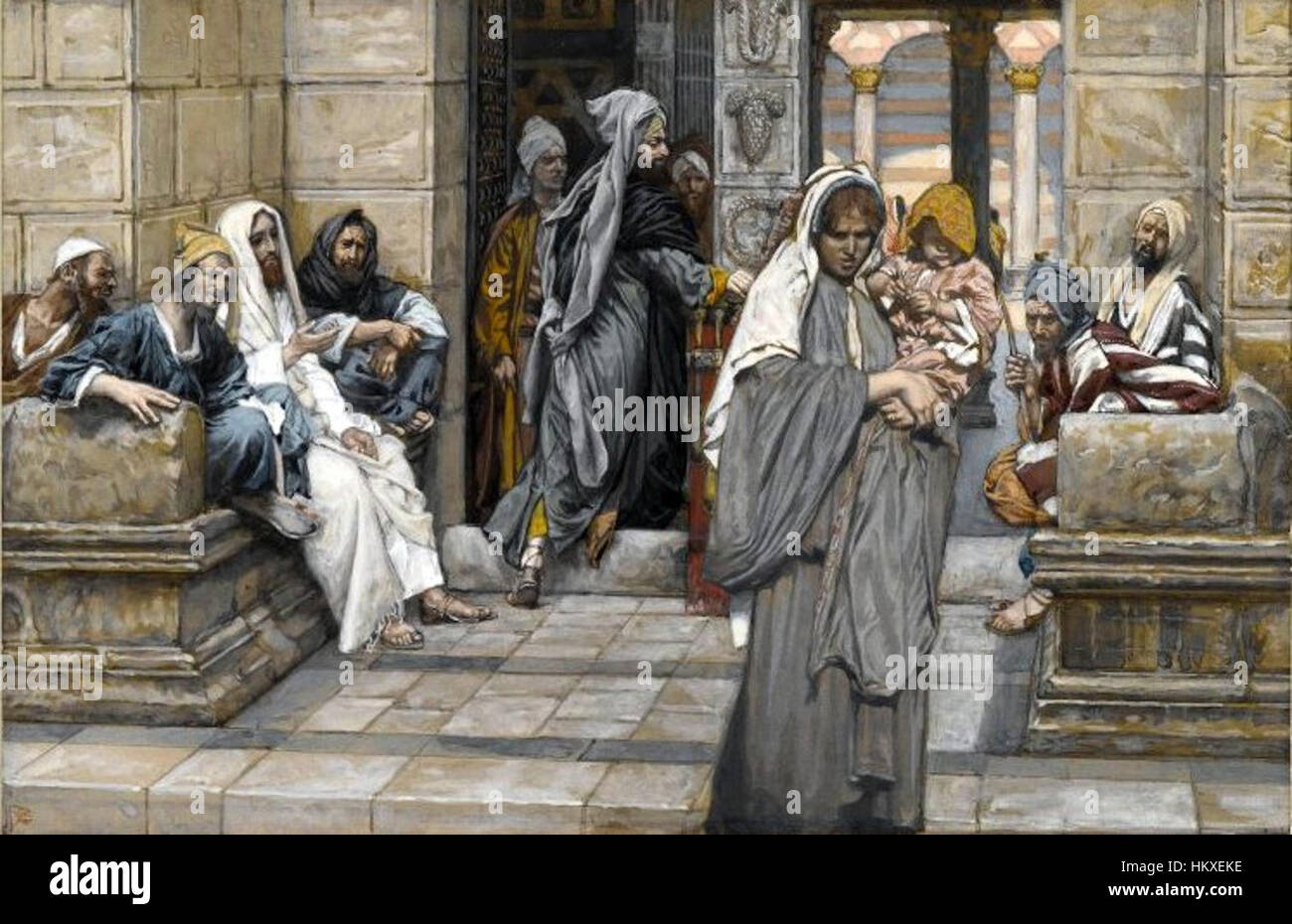 *The Widow’s Mite* par *James Tissot* est une peinture à l’huile représentant une scène biblique dans laquelle une veuve fait don de ses deux dernières pièces. L'œuvre capture un moment d'importance religieuse, mettant en valeur l'attention de Tissot aux détails et la narration narrative dans la Bible Banque D'Images
