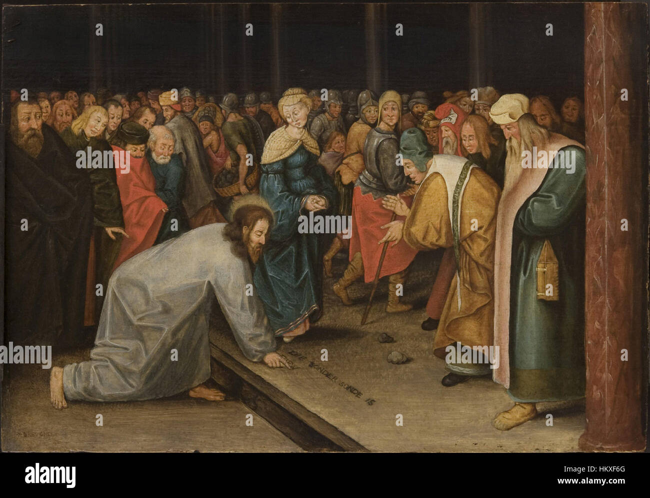 *Christ et la femme pris en adultère* de Pieter Brueghel II de 1600 capture une scène biblique avec une profondeur émotionnelle profonde, représentant la miséricorde et le pardon du Christ dans un moment de drame intense. Banque D'Images