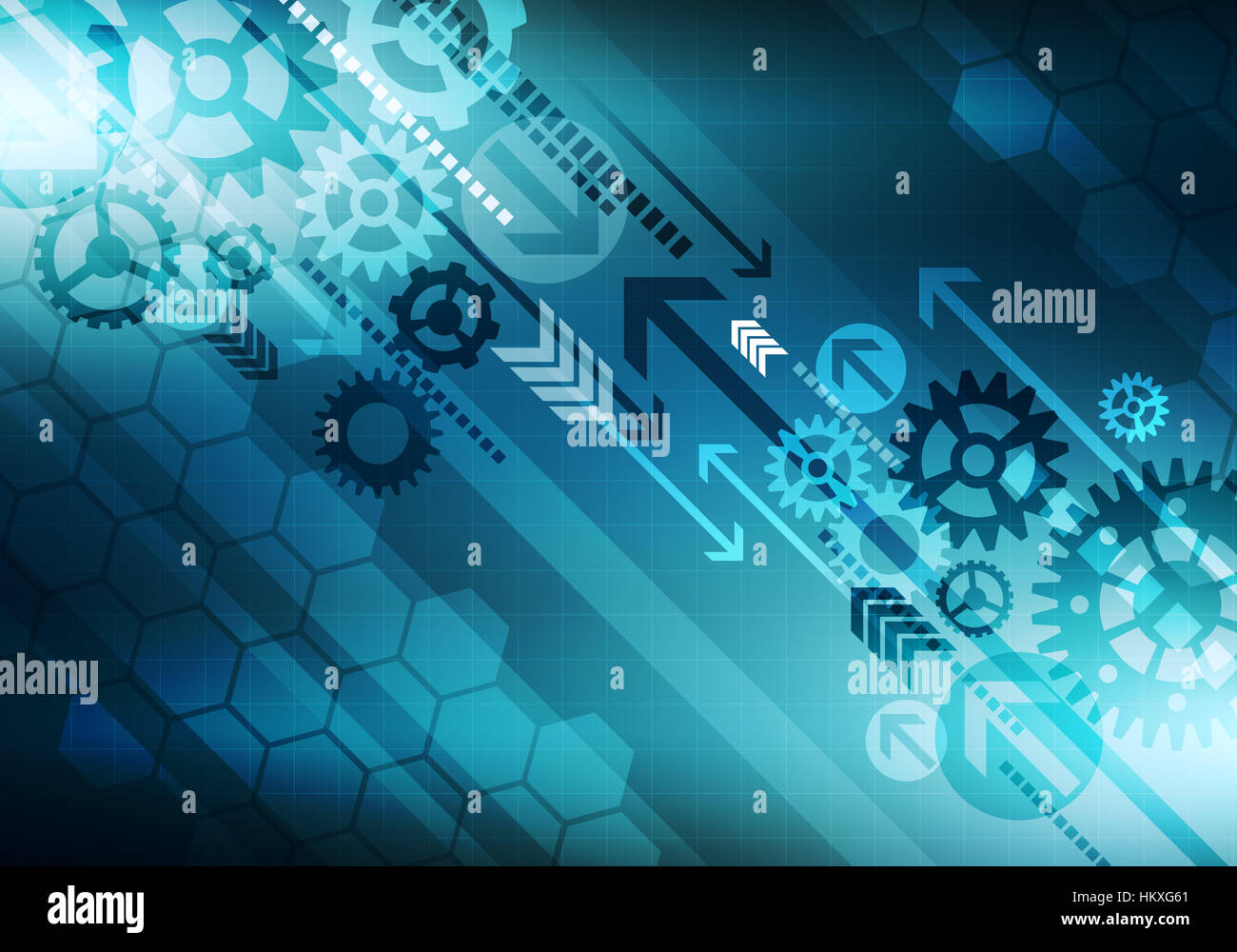 Image gradiented conceptuel numérique business technology background rayé hexagonale avec flèche inclinée et engrenages mécaniques pour la marque, le prese Banque D'Images