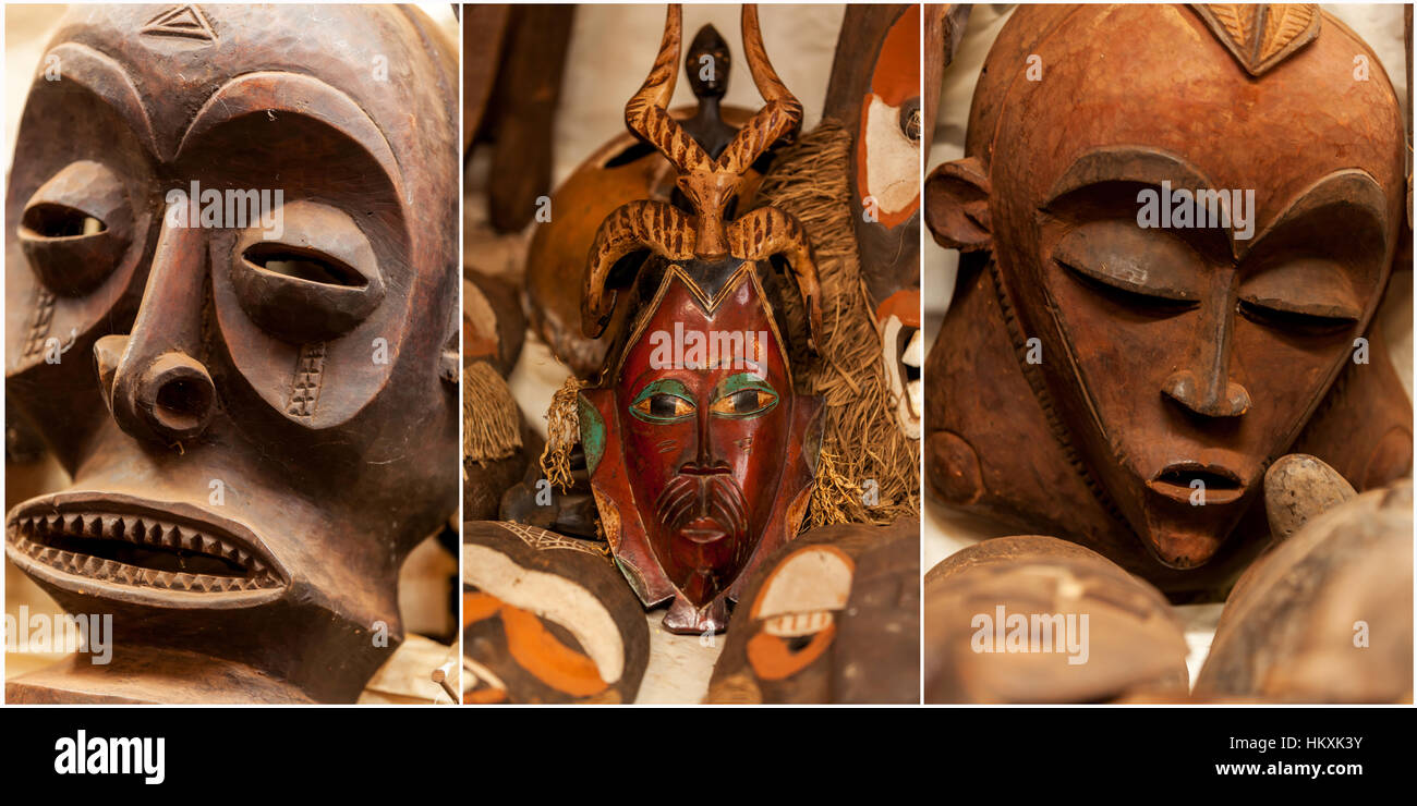 Le Masai Mara, Kenya - 03 janvier : sculptures, masques pour les cérémonies à la boutique de souvenirs pour touristes 3 janvier 2013 dans le Masai Mara, Kenya, des masques en bois. Banque D'Images