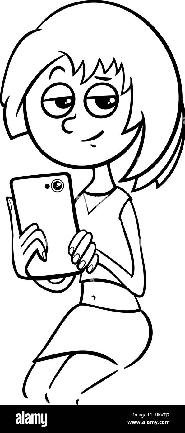 Cartoon noir et blanc Illustration de jeune fille ou jeune femme avec Smart Phone ou tablette Coloriage Illustration de Vecteur