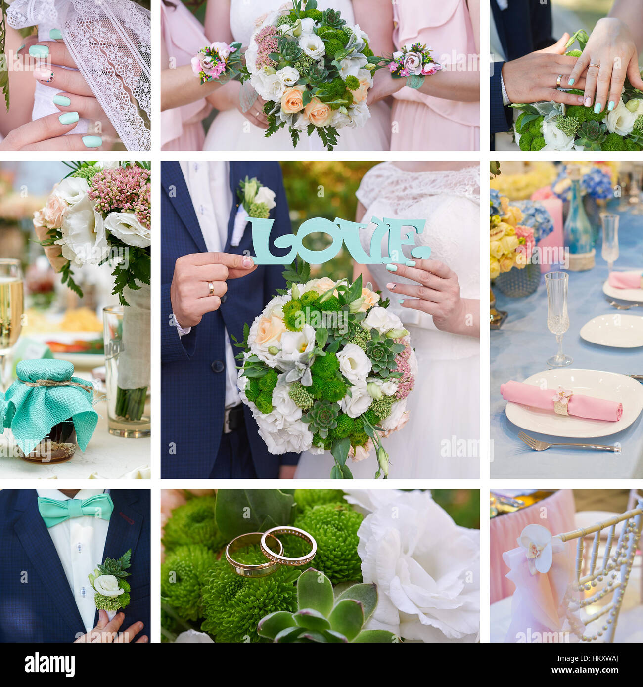 Collage de mariage mariée marié, attributs du bouquet et bagues Banque D'Images