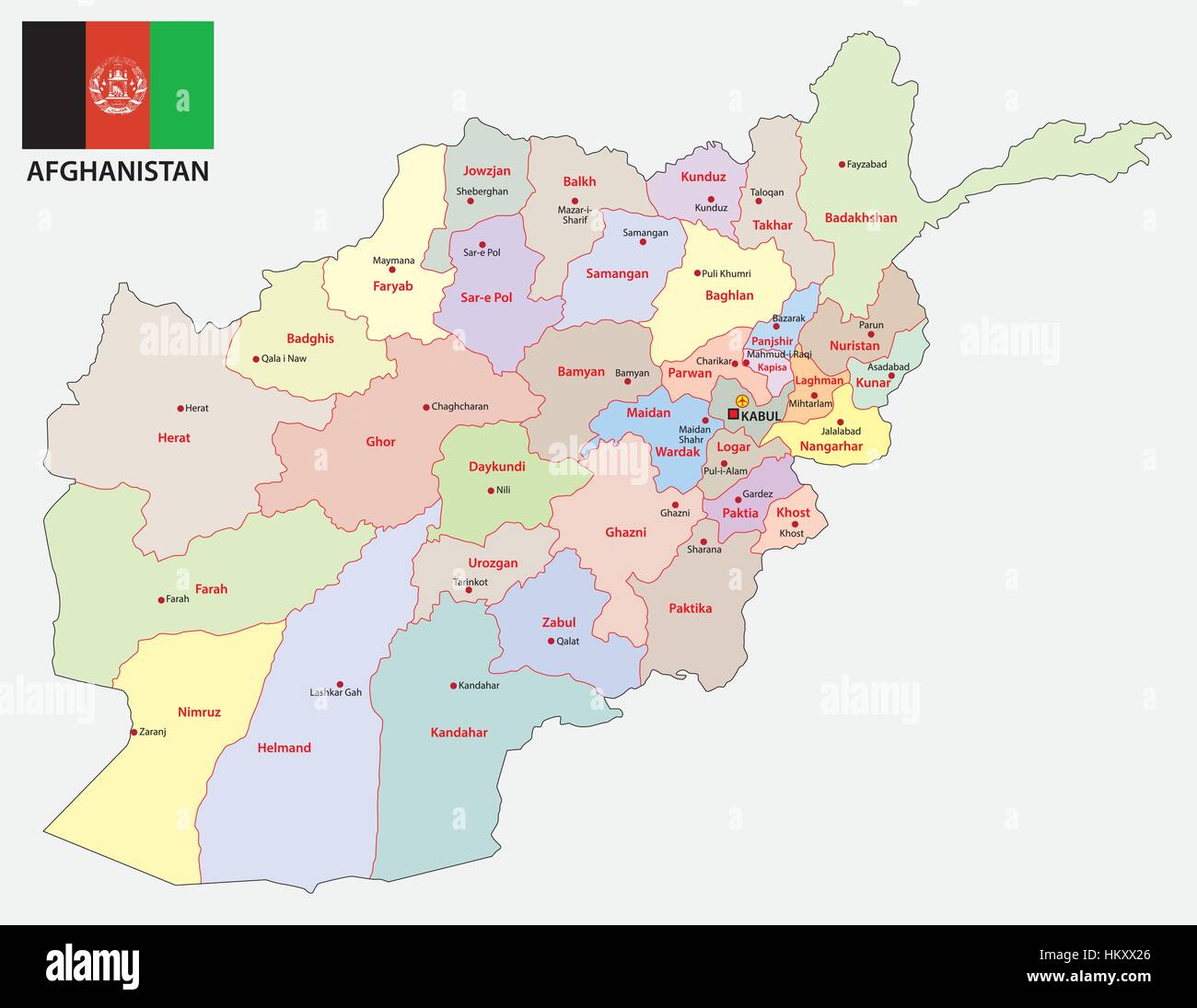 Administratif et politique en Afghanistan carte vectorielle avec drapeau Illustration de Vecteur