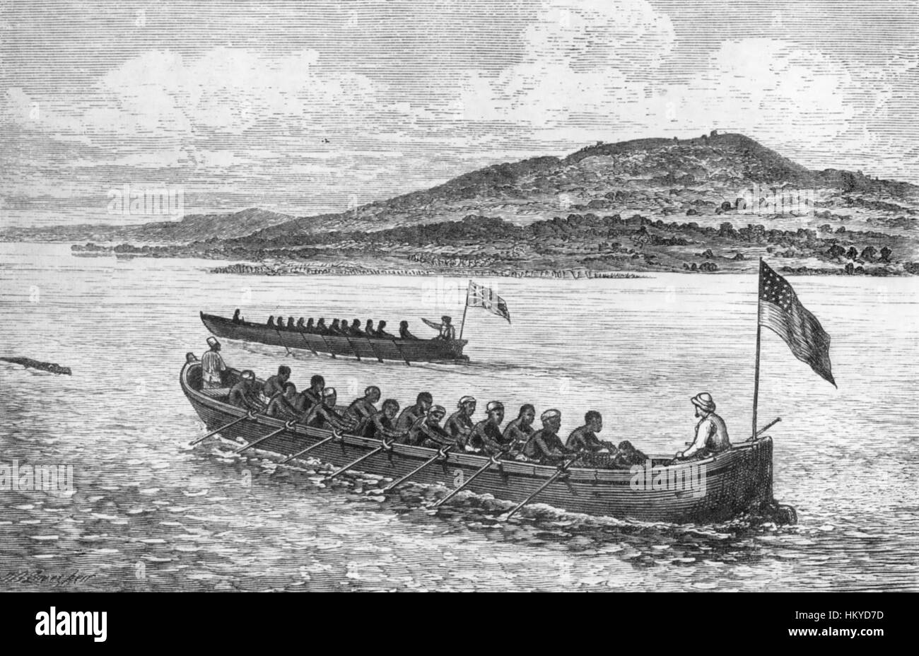 DAVID LIVINGSTONE et Henry Morton Stanley dans leurs bateaux sous pavillon sur le lac Tanganyika en décembre 1871 par l'artiste allemand Johann Baptist Zwecker qui les rencontrait à Londres Banque D'Images