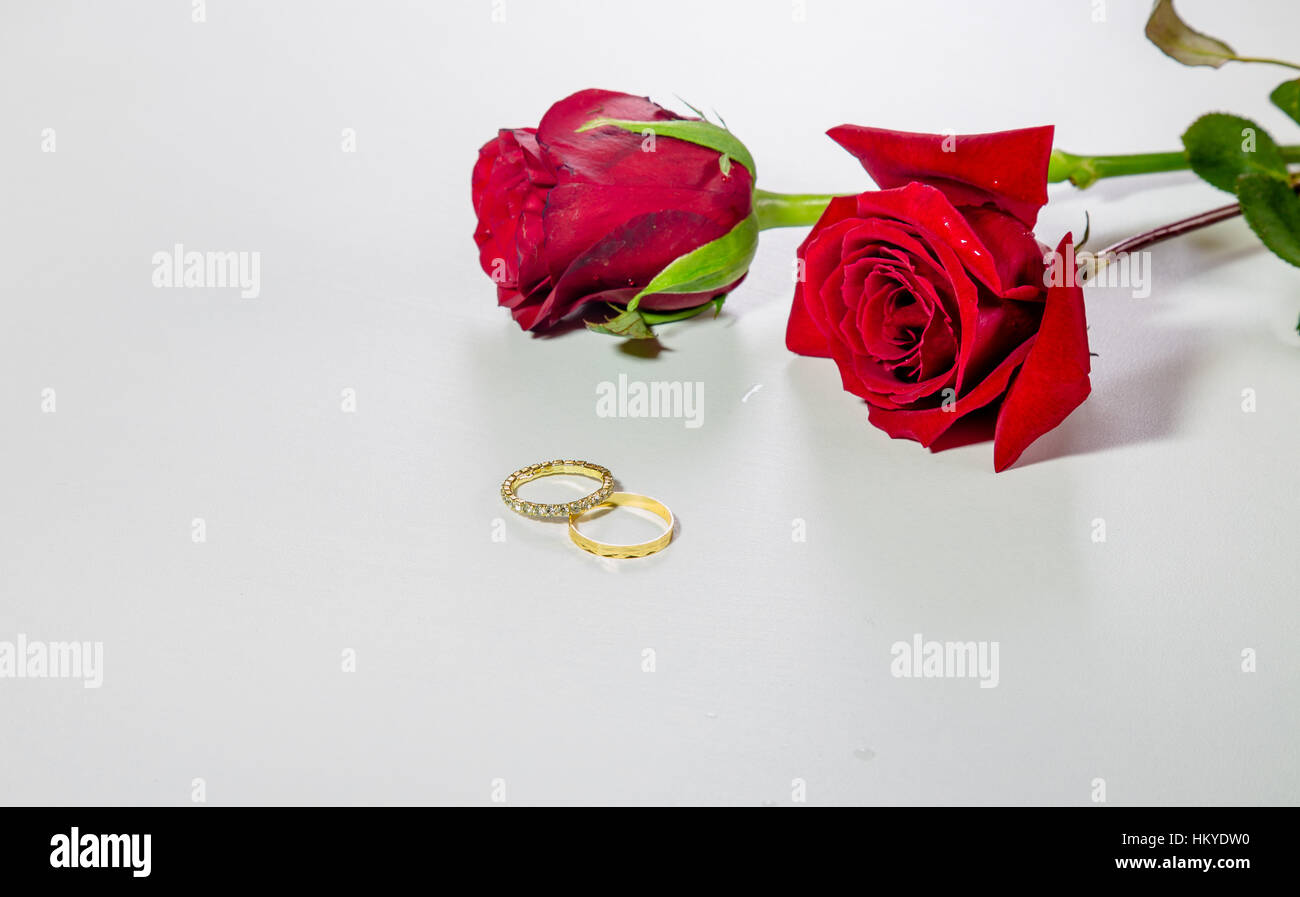 Roses rouge vif et pierres bagues de fiançailles or cloutés pour la Saint-Valentin isolé en fond blanc. Banque D'Images