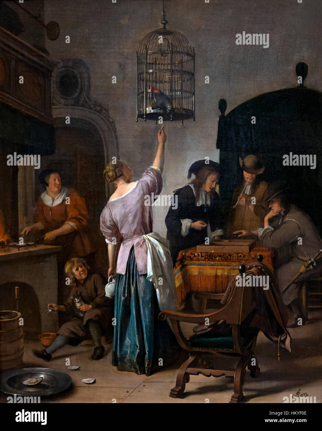 Intérieur avec une femme l'alimentation d'un perroquet, la Cage de perroquet, par Jan Steen, vers 1660-70, huile sur toile, Rijksmuseum, Amsterdam, Pays-Bas, Europe, Banque D'Images
