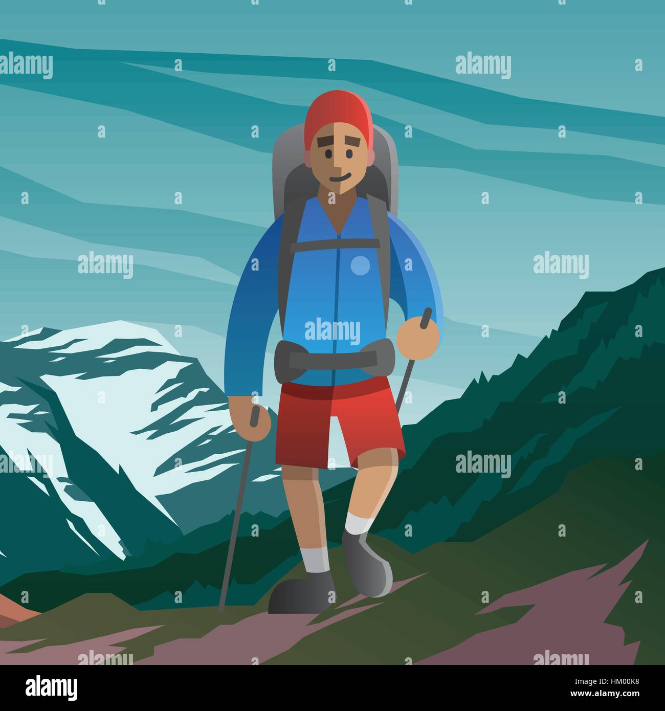 Vector illustration sur le thème de la randonnée, escalade, voyages, Trekking, randonnée pédestre. Heureux homme marchant dans les montagnes. Dans l'aventure Illustration de Vecteur