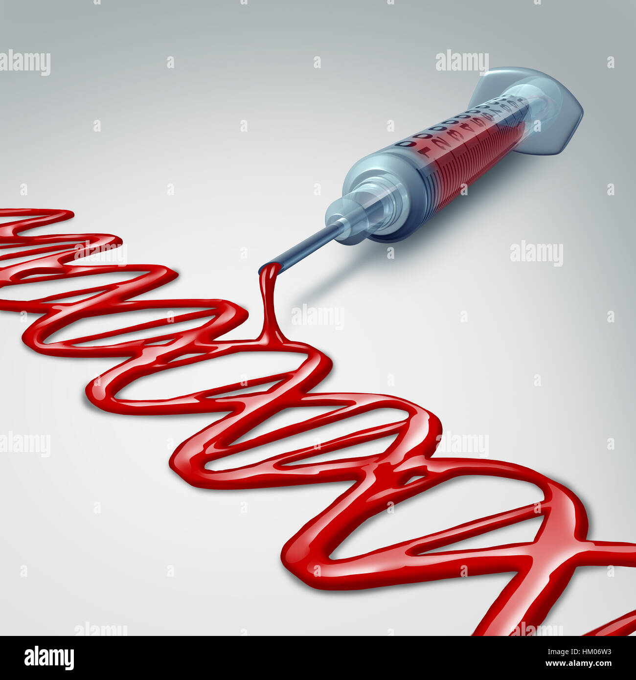 Le sang de l'ADN la recherche génétique et la médecine génétique notion qu'une seringue avec de l'écoulement de liquide rouge comme une forme microscopique d'une hélice double comme je 3D Banque D'Images