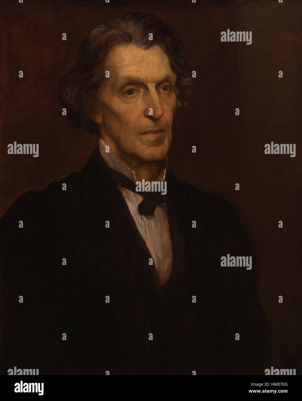 Ce portrait de James Martineau, peint par George Frederic Watts, capture le philosophe et théologien britannique dans un moment de réflexion intellectuelle. Watts, connu pour ses portraits symboliques et psychologiques, imprègne la ressemblance de Martineau d'une profondeur de caractère et de pensée. Banque D'Images