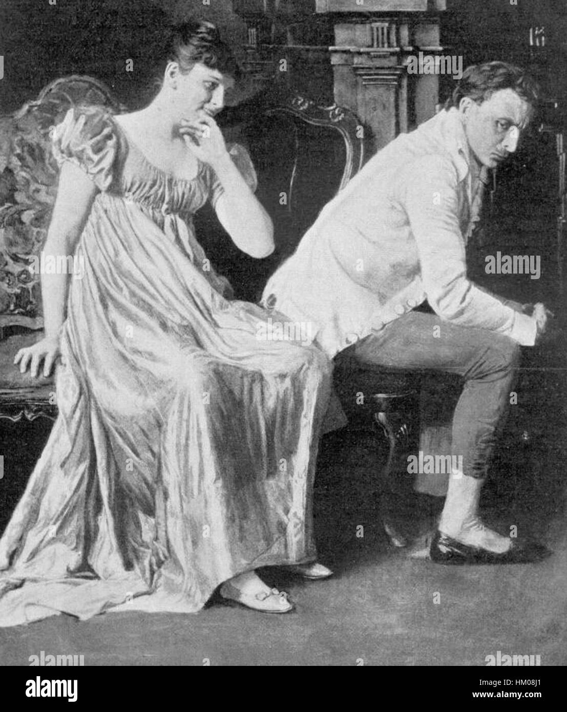 Lune de miel, une peinture de Kardos capturant un moment intime et émouvant d’un couple pendant sa lune de miel, représenté avec des coups de pinceau et des tons de couleurs douces. Banque D'Images