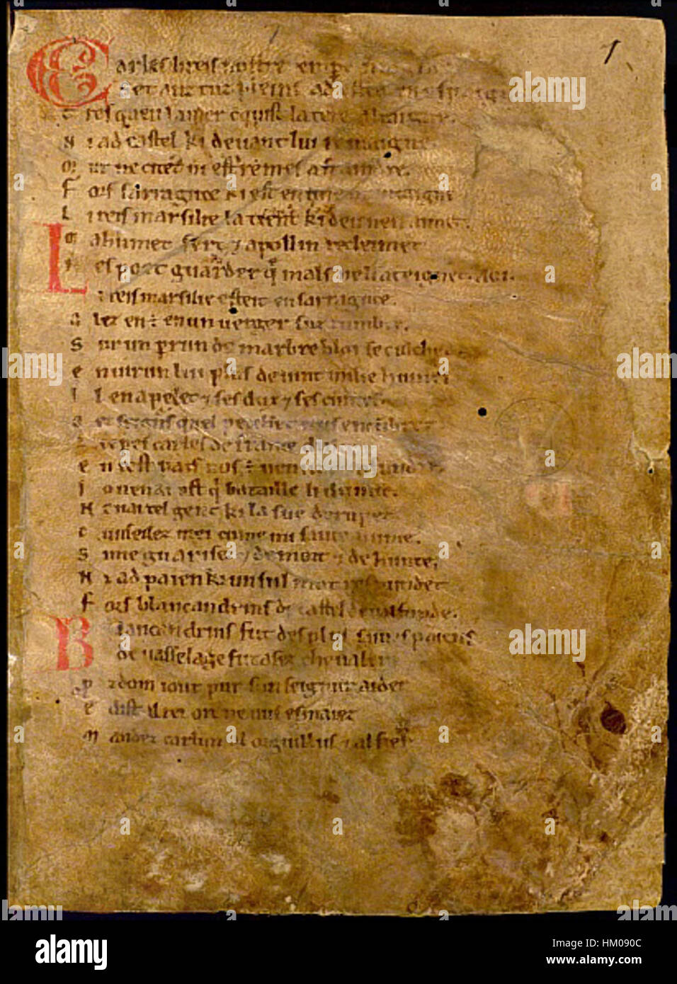 Cette page manuscrite enluminée de 'la chanson de Roland' présente une illustration du poème épique médiéval français, avec des images éclatantes de la légende de Roland. Banque D'Images