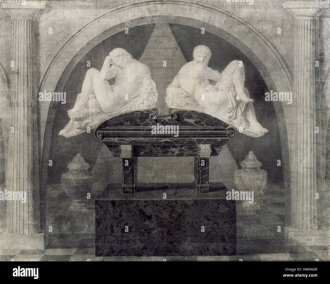 La peinture de Joseph Marie Vien, Capriccio mit dem Grabmal Medici, réalisée en 1830, met en valeur un paysage fictif combiné à des éléments architecturaux, inspirés du tombeau des Médicis. L’œuvre mêle imagination artistique et influences classiques. Banque D'Images