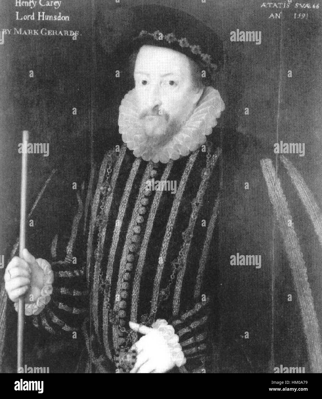 Ce portrait du 1er Lord Hunsdon, un éminent noble anglais, reflète la grandeur et le style du portrait élisabéthain. La peinture souligne son statut noble et sa contribution à la cour anglaise sous le règne de la reine Elizabeth I. Banque D'Images