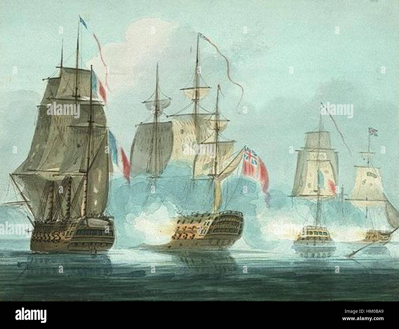 La peinture représente le HMS Caesar, un navire de ligne britannique, qui engage le navire français Mont Blanc lors de la bataille navale du Nil en 1793. La peinture capture l'intensité de la guerre navale à la fin du XVIIIe siècle, soulignant les manœuvres tactiques et l'importance historique de la bataille. Banque D'Images