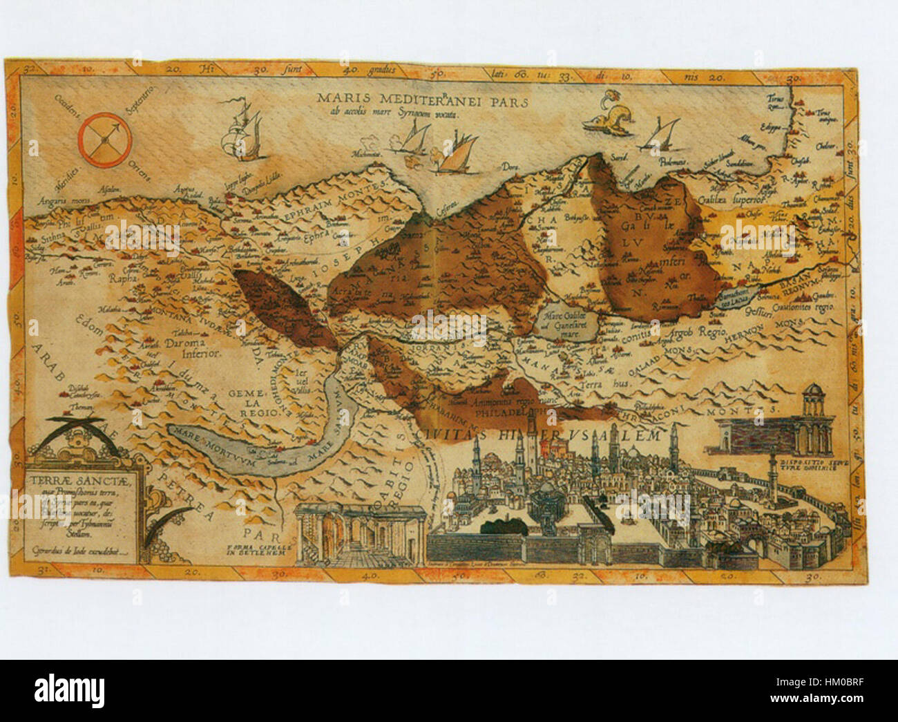 Speculum Orbis Terrarum, une carte du XVIe siècle de Gerard de Jode, fournit une représentation géographique détaillée de la Terre Sainte, reflétant le style cartographique de l'époque. Banque D'Images