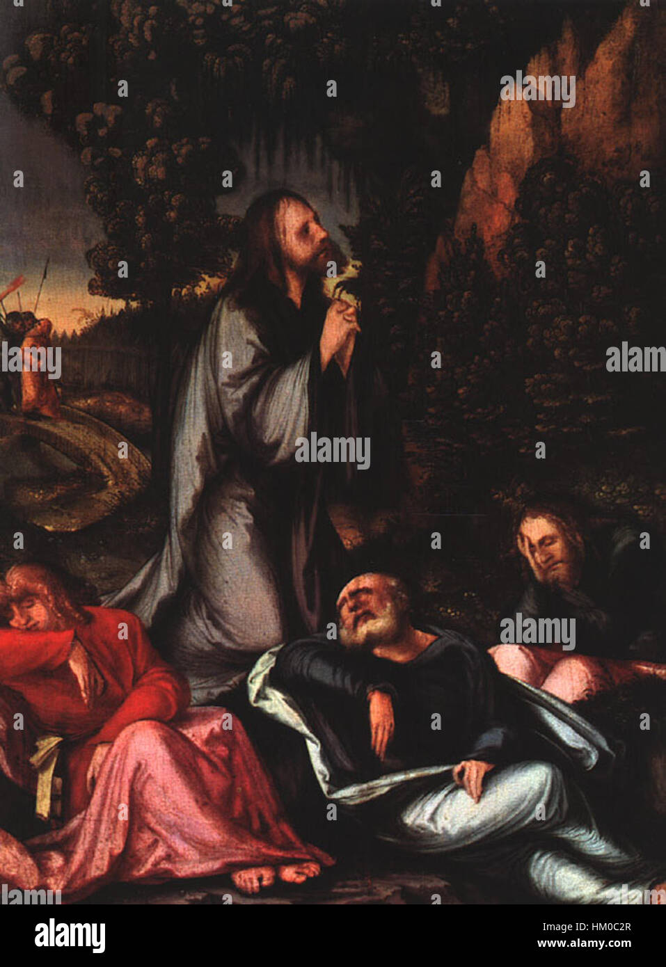 'L'agonie dans le jardin' de Hans Leonhard Schaufelein dépeint le moment de la prière du Christ dans le jardin de Gethsémani avant son arrestation. La peinture capture l'intense agitation émotionnelle et spirituelle de la scène, reflétant les thèmes religieux de la Renaissance. Banque D'Images