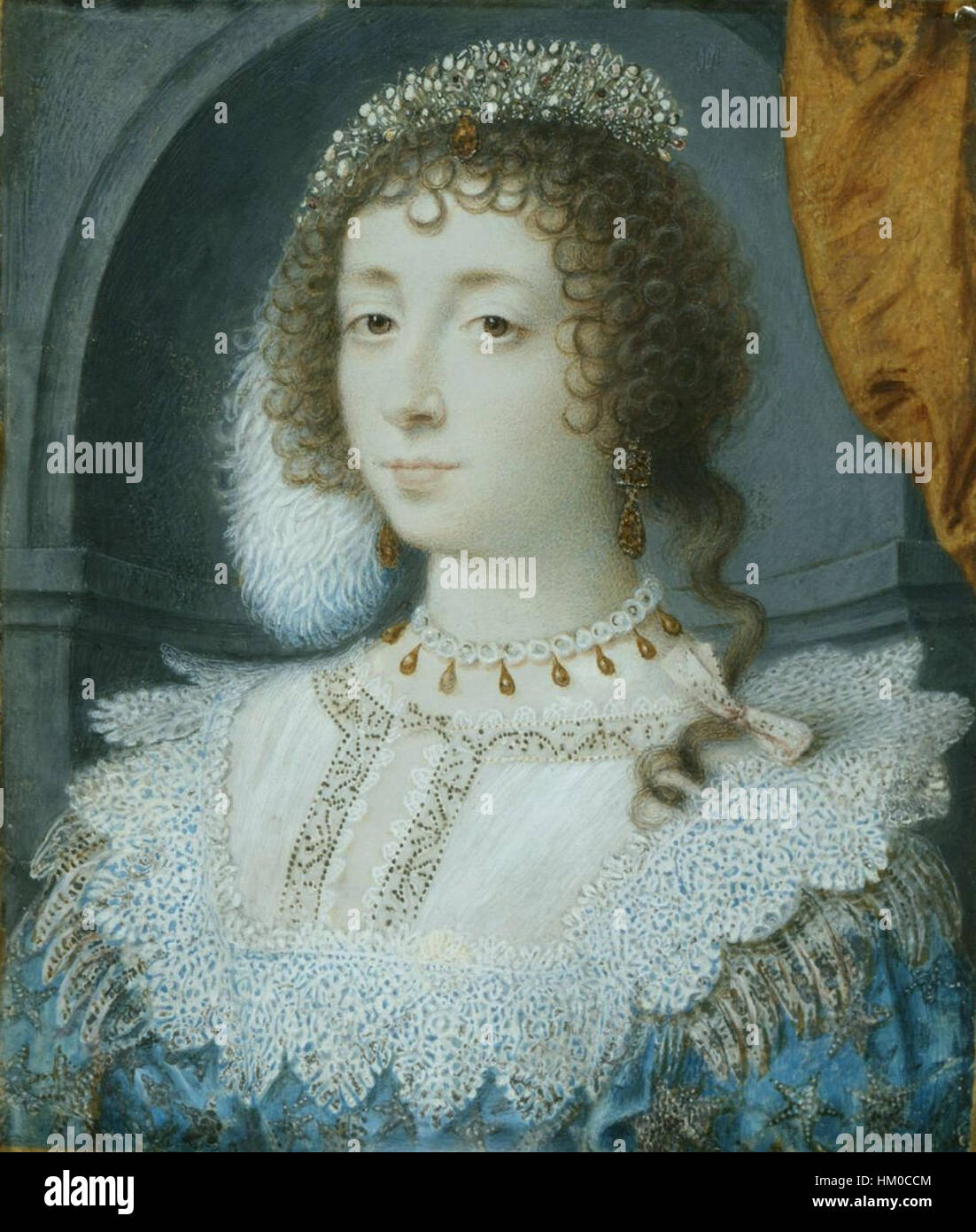 Ce portrait d'Henriette Marie de France, épouse du roi Charles Ier d'Angleterre, illustre sa stature royale. La peinture capture ses traits royaux et sa tenue noble, symbolisant l'union politique et culturelle entre la France et l'Angleterre au XVIIe siècle. Banque D'Images