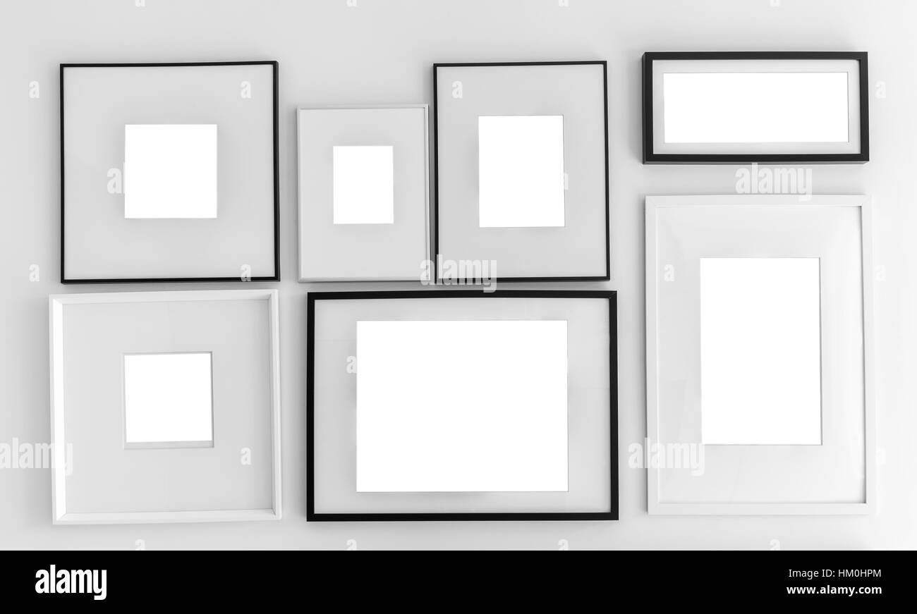 Cadre photo blanc modèle sur mur ( avec une couche séparée clipping path : à l'intérieur du bâti 1-7 ) Banque D'Images