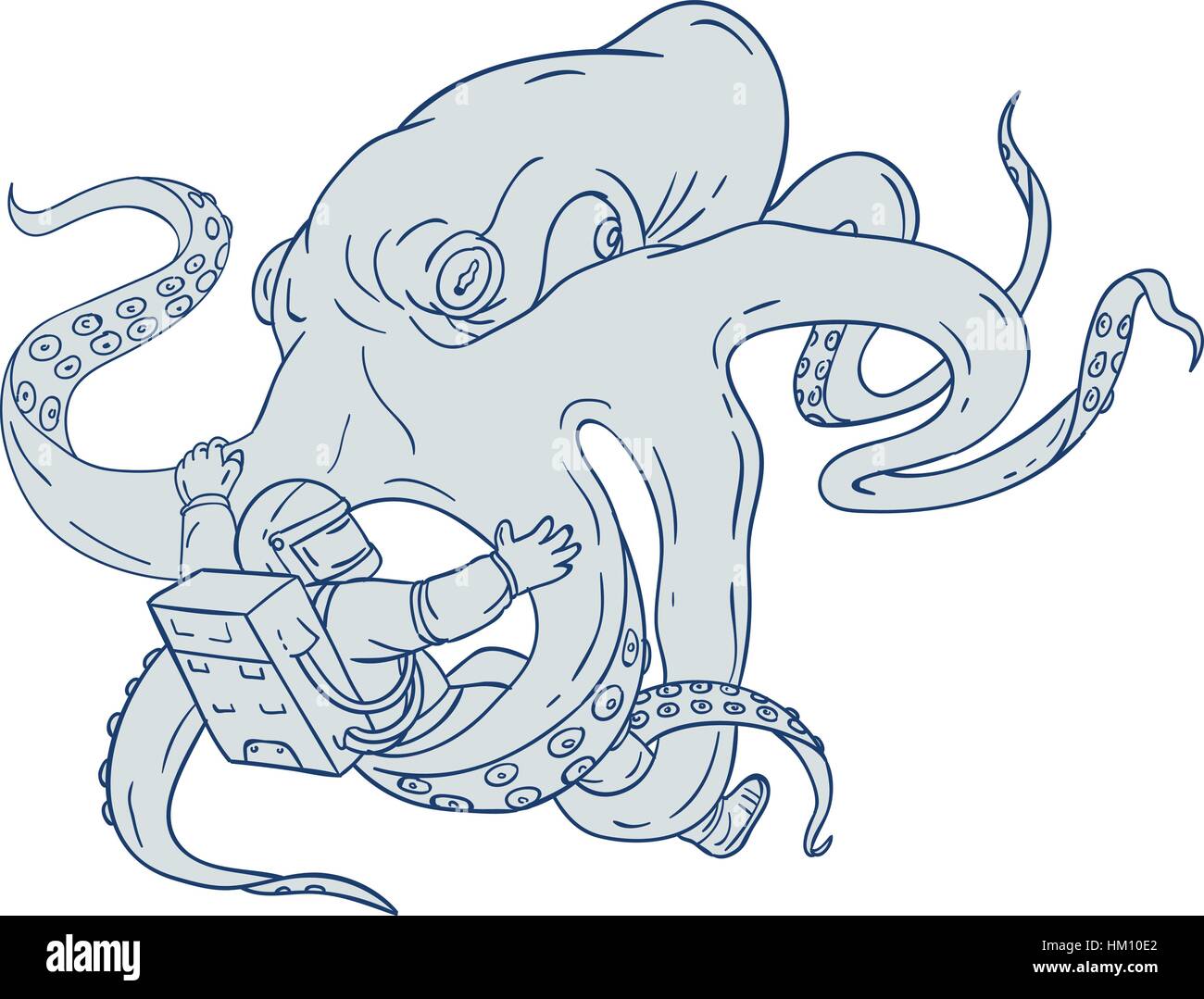 Croquis dessin illustration style de lutte contre une pieuvre géante un astronaute astronaute tenant avec ses tentacules sur fond blanc isolé. Illustration de Vecteur