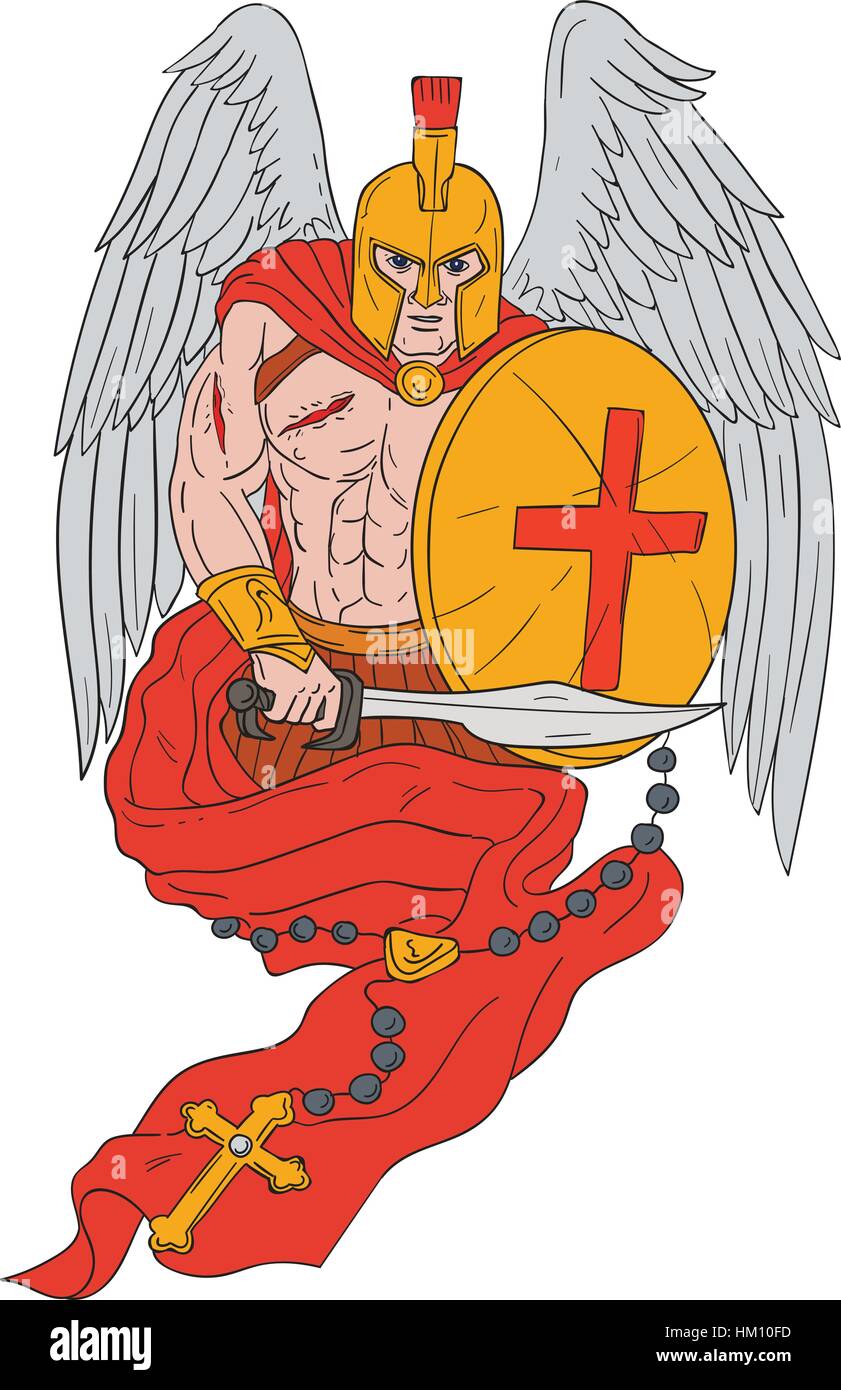 Style croquis dessin illustration d'un ange blessé spartan warrior helmet holding portant épée et bouclier avec rosaire vue de l'avant ensemble sur les Illustration de Vecteur