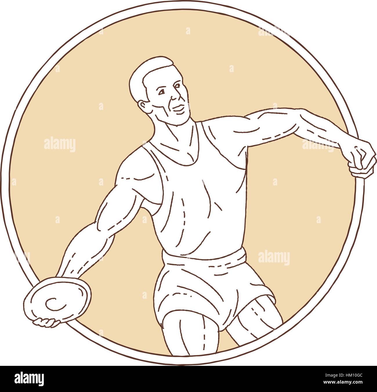 Style ligne mono illustration d'un athlétisme lancer du disque lancer athlète lanceur vu de l'avant ensemble à l'intérieur du cercle sur fond isolé. Illustration de Vecteur