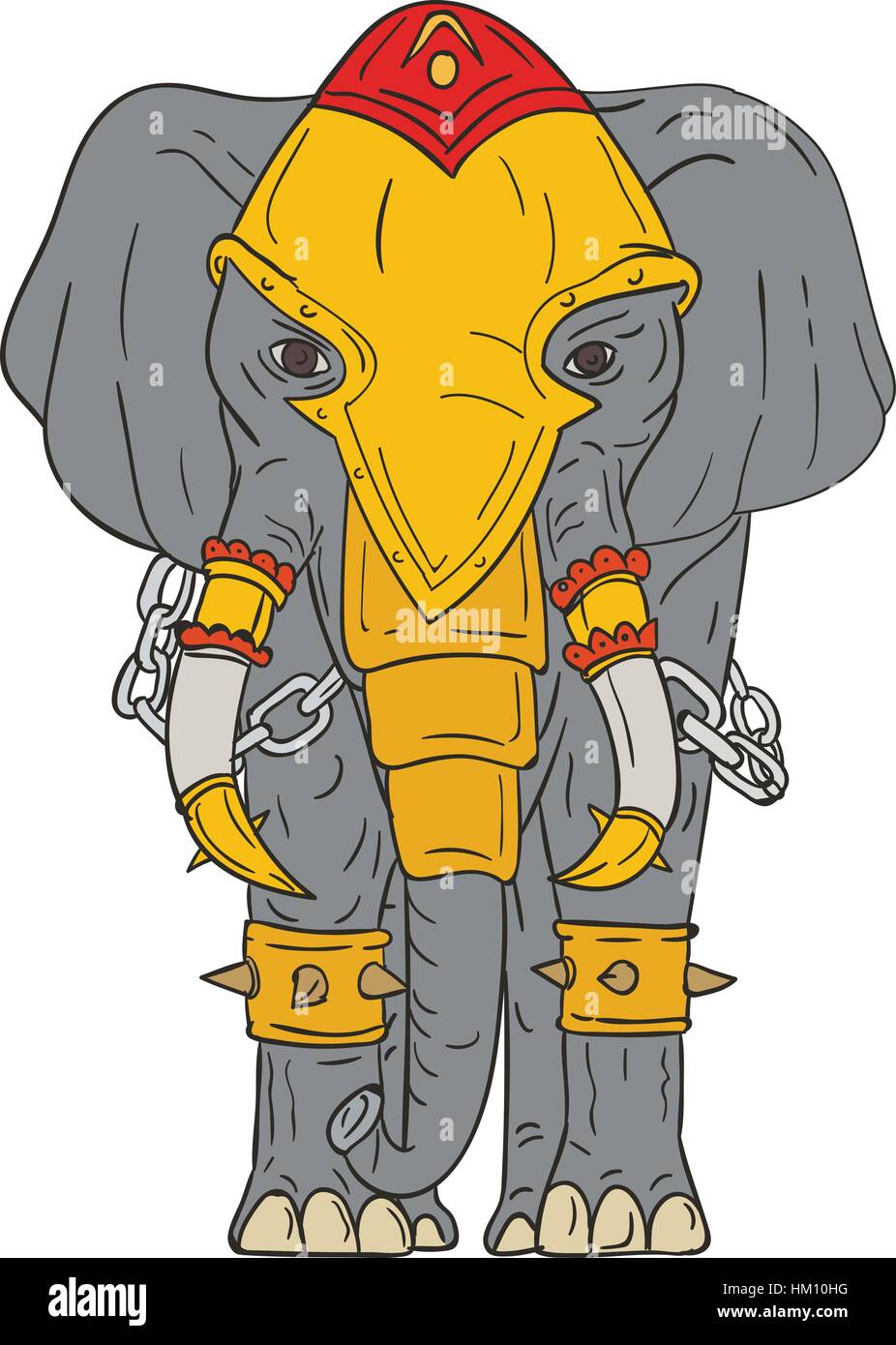 Style croquis dessin illustration d'un éléphant de guerre avec des armures et des chaînes vu de l'avant ensemble isolées sur fond blanc. Illustration de Vecteur