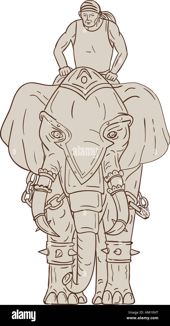 Croquis dessin illustration de style d'une guerre avec l'éléphant mahout équitation rider vu de l'avant ensemble isolées sur fond blanc. Illustration de Vecteur