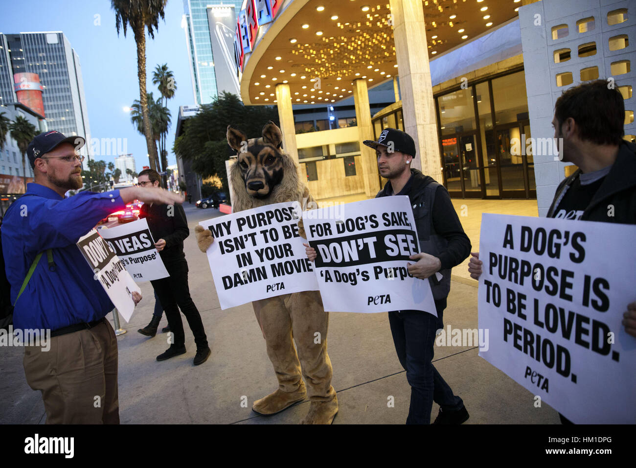 Hollywood, CA, USA. 27 Jan, 2017. Les gens ont des signes au cours d'une protestation PETA du film ''un chien au but'' en face de l'ArcLight Theatre le Vendredi, 27 janvier 2017 à Hollywood, Californie, PETA a appelé à un boycott du film tiré de la violence envers les animaux après une vidéo diffusé par le TMZ a montré une German Shepard d'être contraints à un pool d'eau turbulente. © 2017 Patrick T. Fallon - Restrictions : * LA, OC, Ventura, Riverside, San Diego Les journaux de la région et des droits TV OUT Crédit : Patrick Fallon/ZUMA/Alamy Fil Live News Banque D'Images