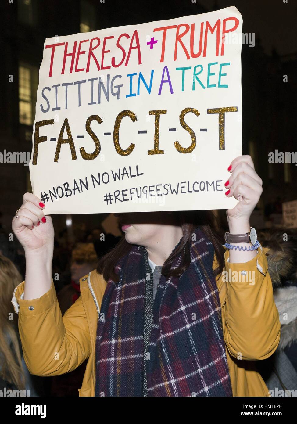 Londres, Grande-Bretagne. Jan 30, 2017. Anti-Trump manifestation devant 10 Downing Street pour protester contre l'interdiction de voyager à l'Atout. Londres, Royaume-Uni. Photo : afp/Alamy Live News Banque D'Images