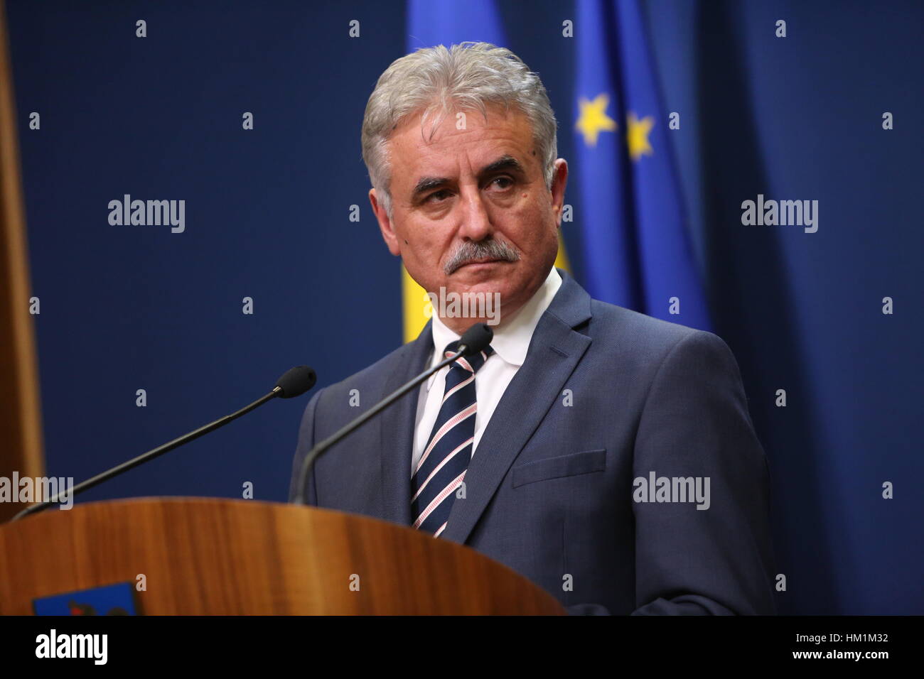 Bucarest, Roumanie. Jan 31, 2017. Le Ministre roumain des finances publiques, Viorel Stefan, prend la parole lors d'une conférence de presse. Crédit : Gabriel Petrescu/Alamy Live News Banque D'Images