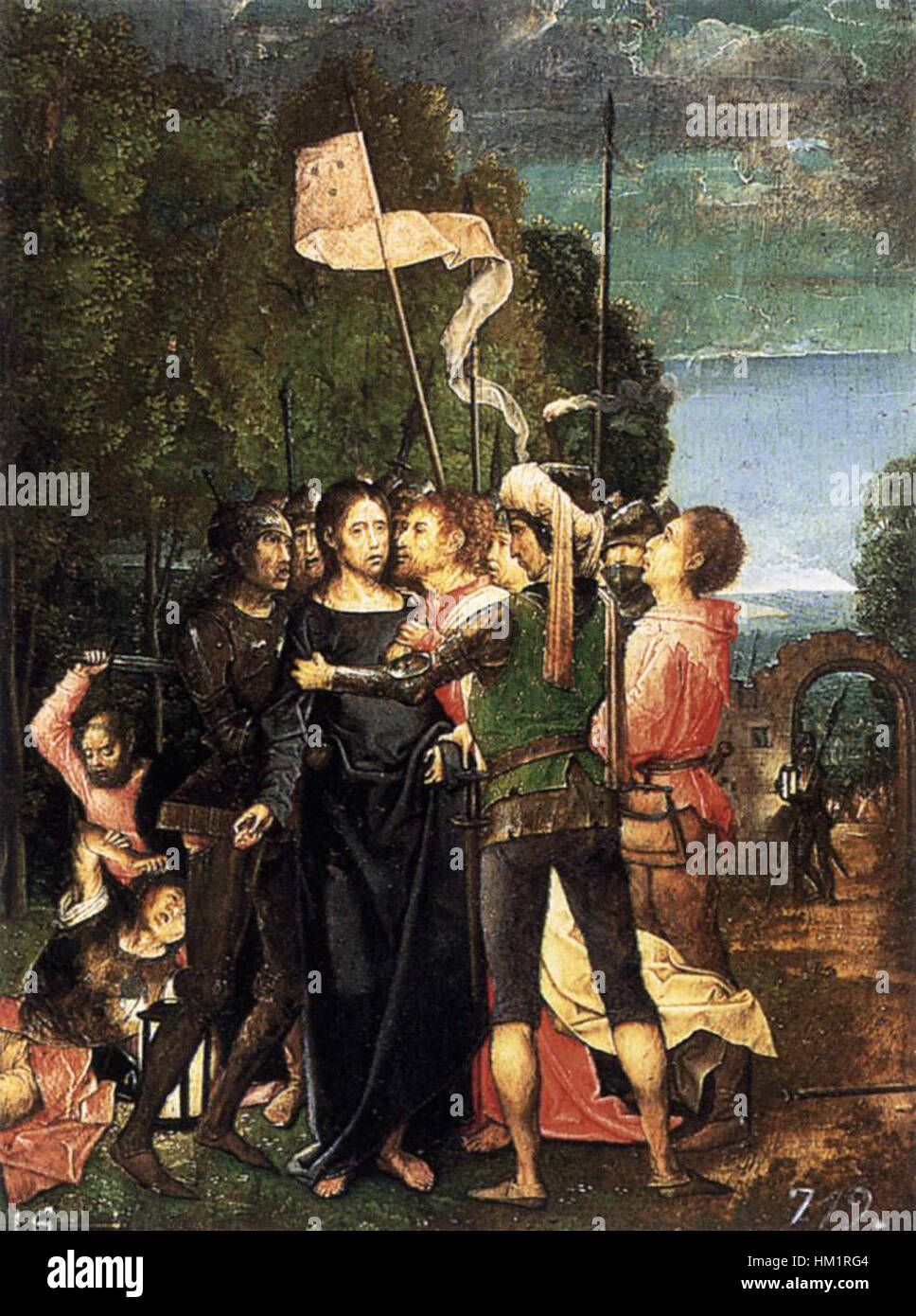 'La capture du Christ' de Juan de Flandes représente le moment de l'arrestation du Christ dans le jardin de Gethsémani. L’œuvre, bel exemple de l’art de la Renaissance flamande, souligne l’intensité émotionnelle de la scène biblique et l’utilisation dramatique de la lumière et de l’ombre. Banque D'Images