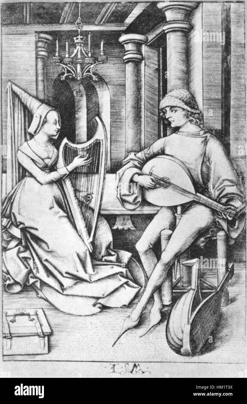 Israhel van Meckenem le jeune 'le joueur de luth et le harpiste' est une gravure détaillée mettant en vedette deux musiciens dans un moment serein de performance. L’œuvre capte l’élégance des instruments de musique et la profondeur du son à travers la représentation artistique. Banque D'Images